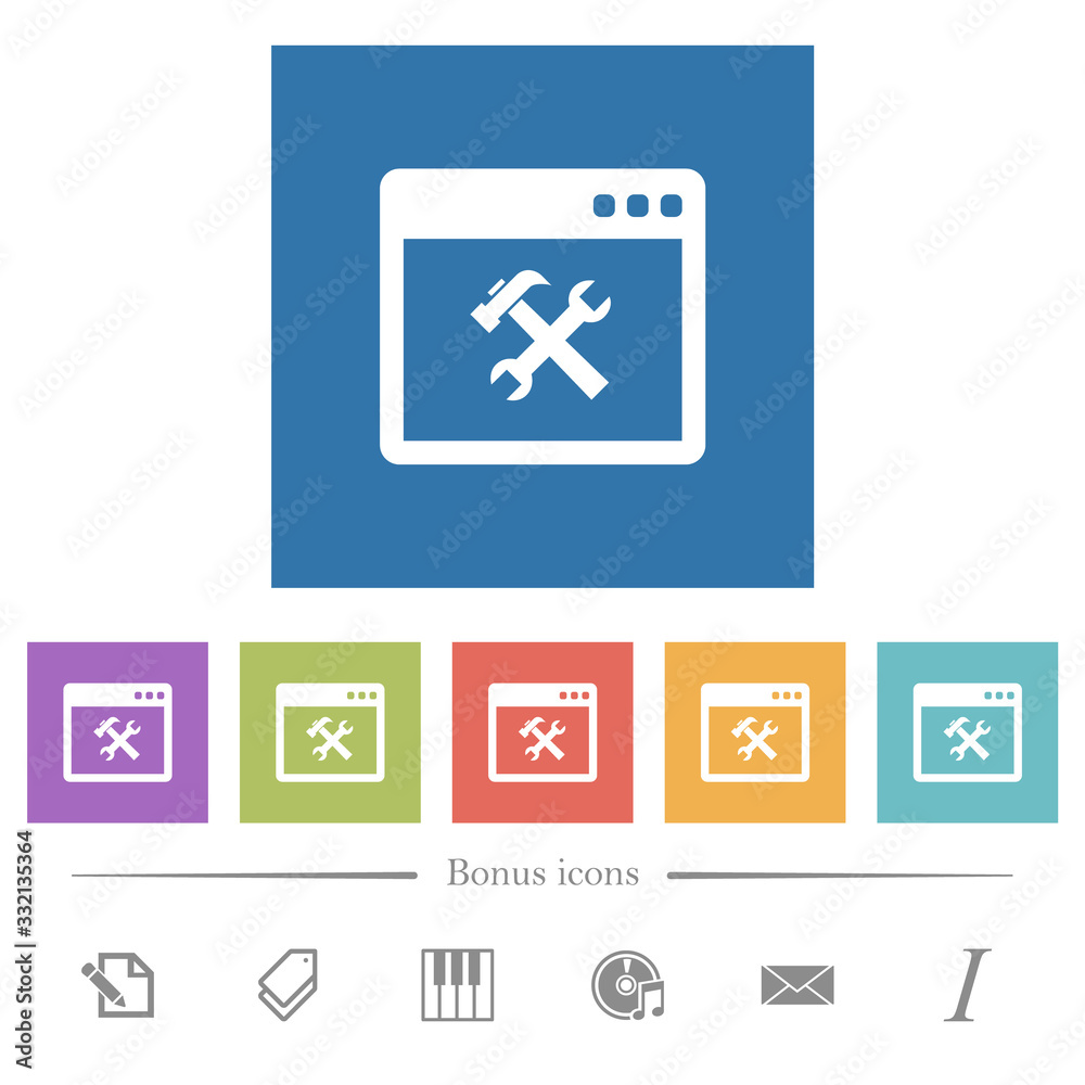Application tools flat white icons in square backgrounds Application tools flat white icons in square backgrounds