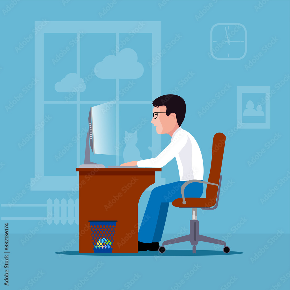 Man working remotely at home at the computer vector illustration Man working remotely at home at the computer vector illustration