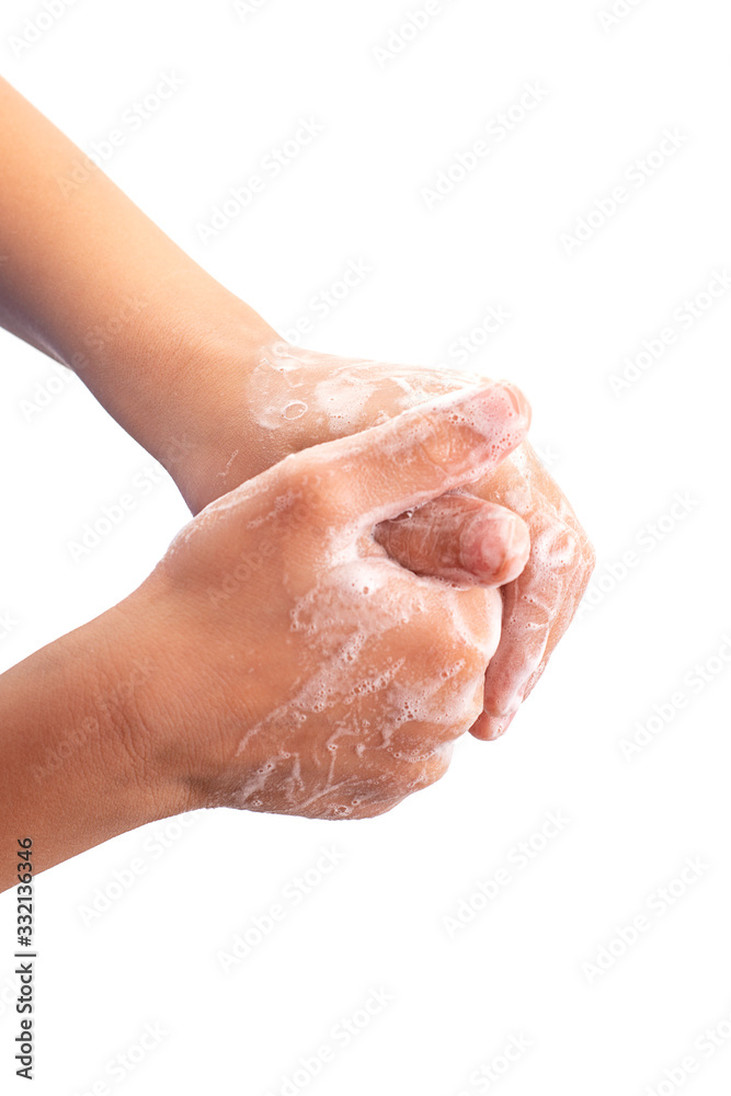 Close-up photo of soaped children's hands. Close-up photo of soaped children's hands.