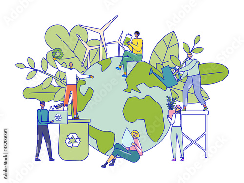 Green energy concept, tiny people saving Earth environment together, cartoon characters vector illustration. Men and women in flat style, garbage recycling, sustainable power from eco wind turbines
