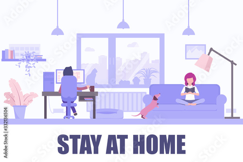 Stay at home flat vector illustration. Young girl reading book on the couch, young man working on computer. Coronavirus outbreak social media campaign, self isolation.