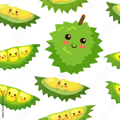 Kawaii Durian fruits pattern. Vector illustration with king of fruit in cute cartoon style for background, wrapping paper, decorations. Seamless pattern with tropical Asian fruit on white background. 
