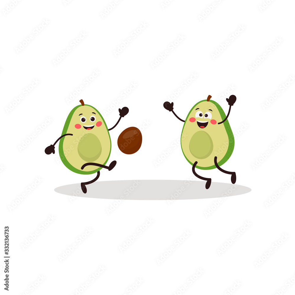 Obraz premium Cute kawaii avocado characters play ball. A kawaii avocado cut in half. Sport concept. Healthy lifestyle illustration. Vector Cartoon can use for postcard, T-shirt, kids decor