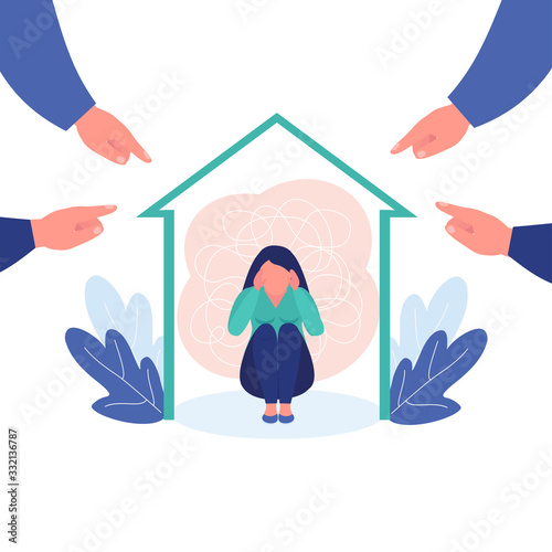 Girl depression surrounded by hands with index fingers pointing at her. Concept of guilt, public censure and victim blaming.Vector illustration.  Psychological help concept