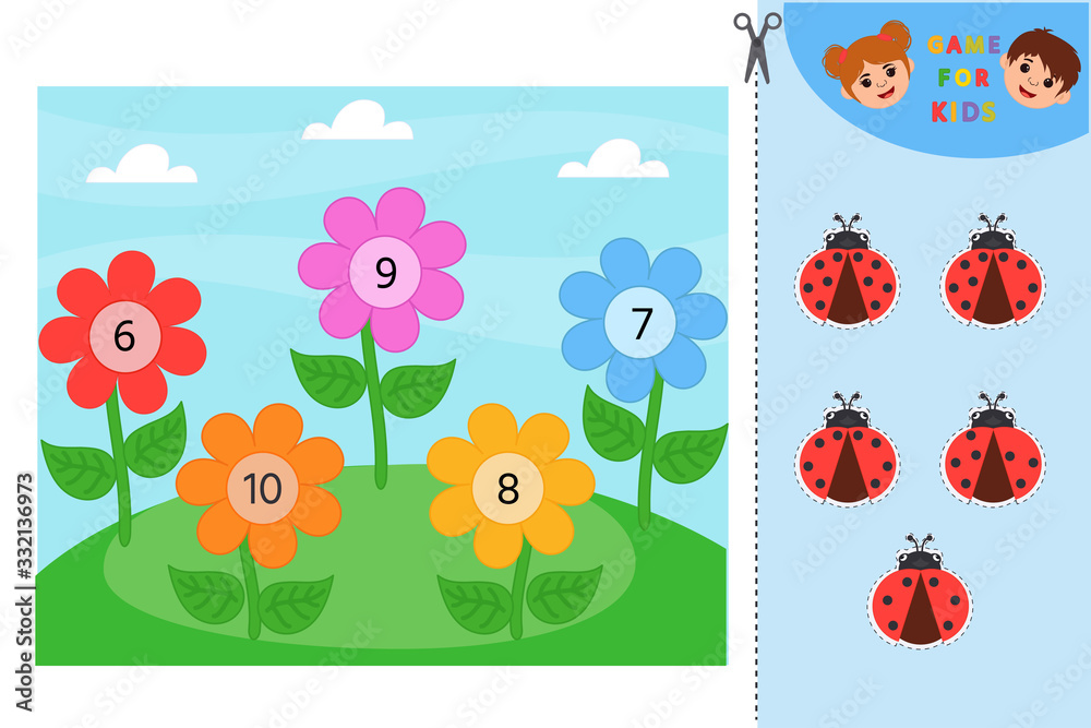 Education logic game for preschool kids. Kids activity sheet. Find color matching. Plant a ladybug on a flower. Children funny riddle entertainment.