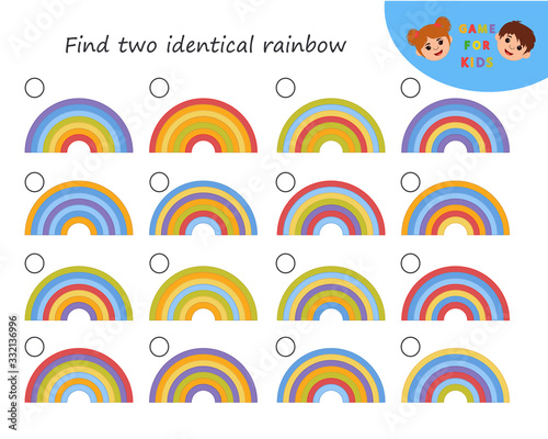Logic puzzle game. Educational game for kids development of logic iq.  Find two identical rainbow. Kids activity sheet. Children funny riddle entertainment