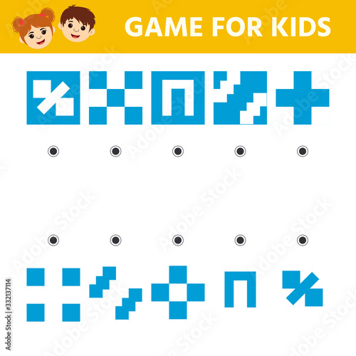 Education logic game for preschool kids. Kids activity sheet. Find figure matching. Iq test. Children funny riddle entertainment. Vector illustration