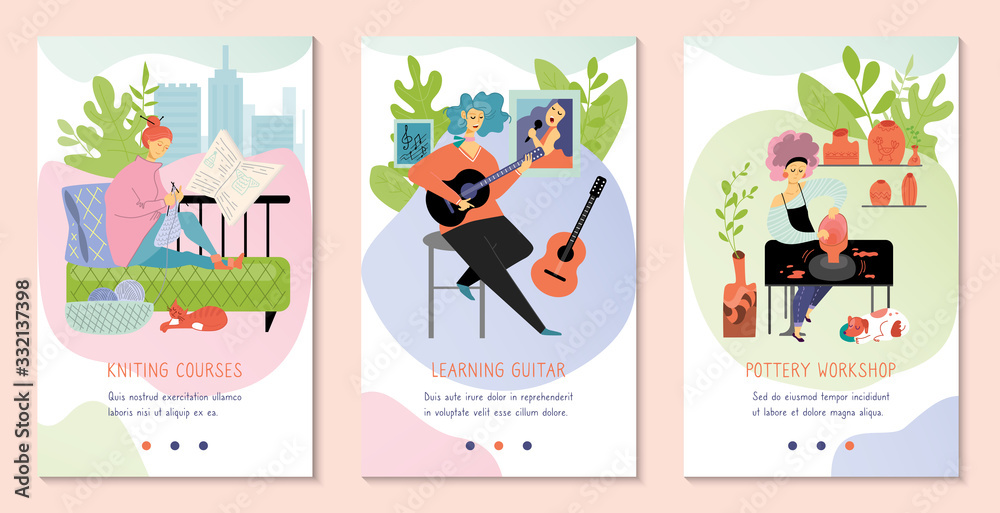 Hobby courses and workshops, people learning pottery, knitting and playing guitar, vector illustration. Creative woman cartoon character, set of banners for mobile app with online class lessons