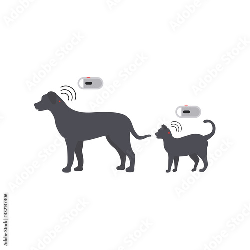Pet services - microchipping. Icon dogs and cats with microchip pill inside the body and information about owner tagged with a microchip implant.