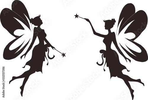 Sketch, two fairies with wings and magic wands. Suitable for symbol, print, book, emblem, coloring