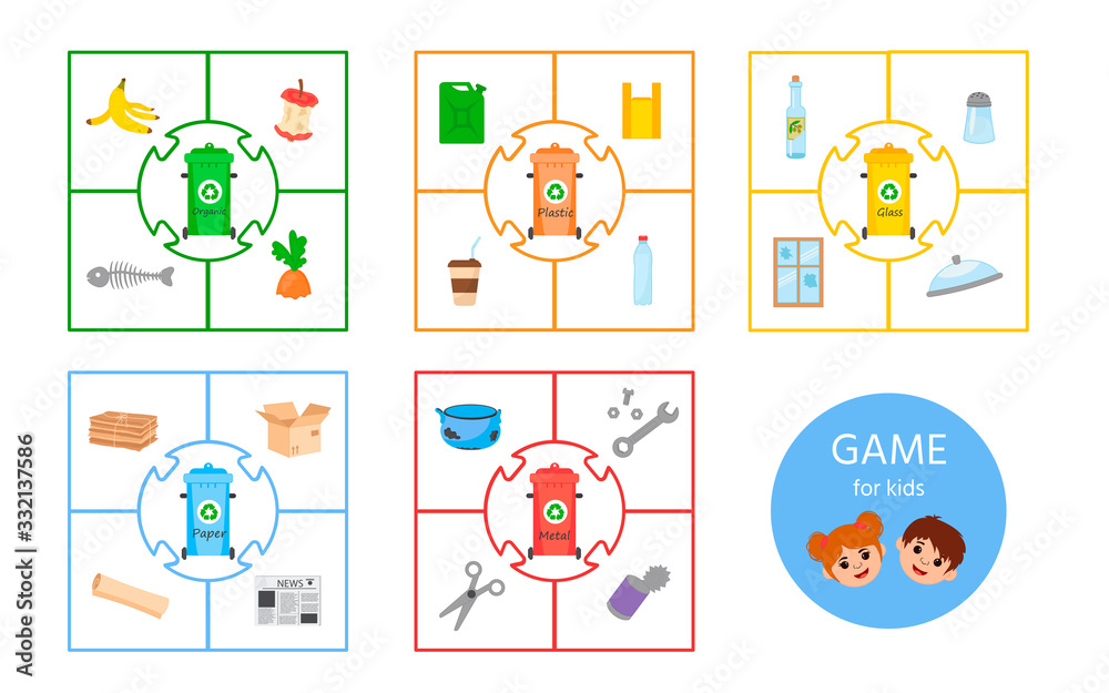 Game for children with pictures. Sorte the waste: glass, metal, paper, organic, plastic. Activity for preschool years kids and toddlers. Game for children with pictures. Sorte the waste: glass, metal, paper, organic, plastic. Activity for preschool years kids and toddlers.