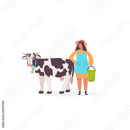 Young Milkmaid Woman Farmer  in Uniform near Cow. Milk and Dairy Agriculture Products concept.  Vector Illustration