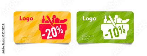 Discount cards templates  for grocery store  advertisement  basket filled with food and beverages icon  loyalty program club  simple flat graphic