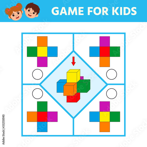 Education logic game for preschool kids. Kids activity sheet. Find figure matching. Top view of a figure. Iq test. Children funny riddle entertainment. Vector illustration
