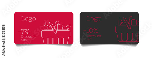 Discount cards templates, for grocery store, advertisement, linear basket filled with food and beverages, loyalty program club