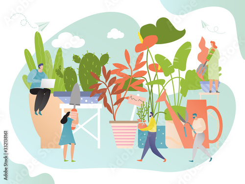 Houseplant gardening concept, tiny people growing giant flowers together, vector illustration. Men and women cartoon characters in flat style, decorative flowerpots greenery. Hobby leisure environment