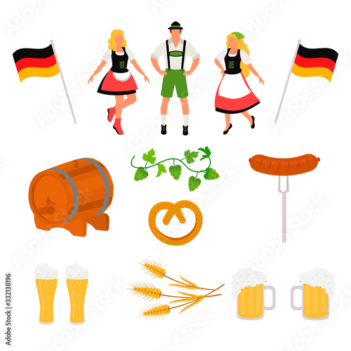 Photo Set of Oktoberfest vector design elements: people, a glass of beer, beer Barrel, flag