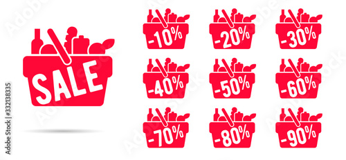 Set of grocery store advertising labels price tags in a shape of full with food shopping market basket and discount digits with percent off, red isolated design promo element
