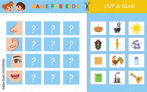 Educational worksheet for children. Game for Kids.  Find the correspondence of the senses and objects. Triangle, square, circle, rhombus. Worksheet for kids learning forms