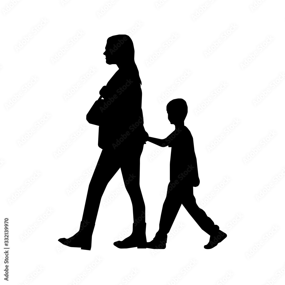 Walking mother and child sihouette illustration (side view)