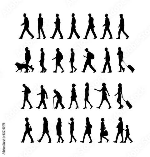Walking person (male, female, business person) sihouette illustration collection (side view)