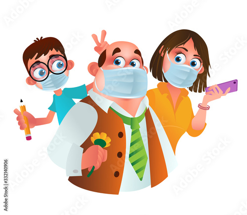 Family characters wearing protective medical masks from coronavirus prevention method. Vector cartoon illustration of father, mother and son with hygiene or surgical masks isolated on white background