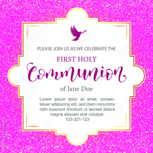 Invitation with beautiful lettering. Template in Vector a ceremony for Holy Communion. Pink flyer. 