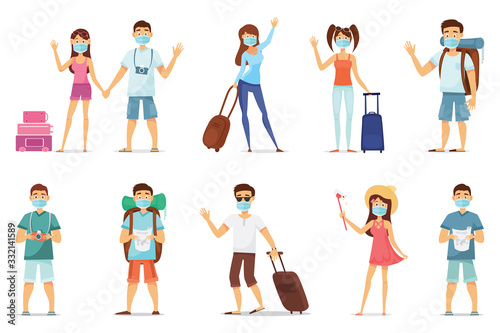 Set of travelers wearing a mask to prevent an epidemic of MERS-CoV wuhan coronavirus 2019-nCoV pandemic medical health risk full length vector illustration