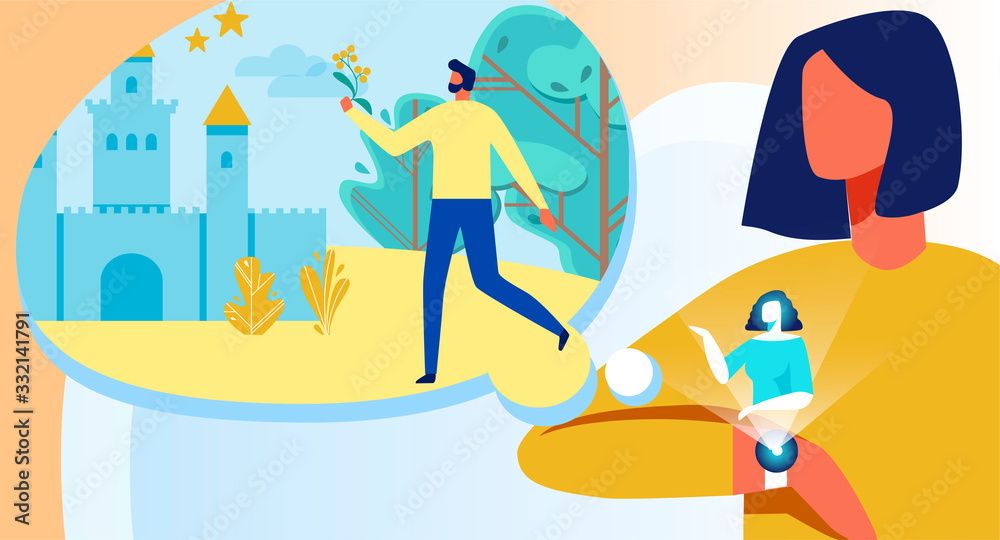 Interactive Interface with Virtual Personal Assistant Showing Flying Cartoon Multimedia via Smart Watch. Faceless Woman Watching Fairytale. Modern Digital Technologies Vector Flat Illustration