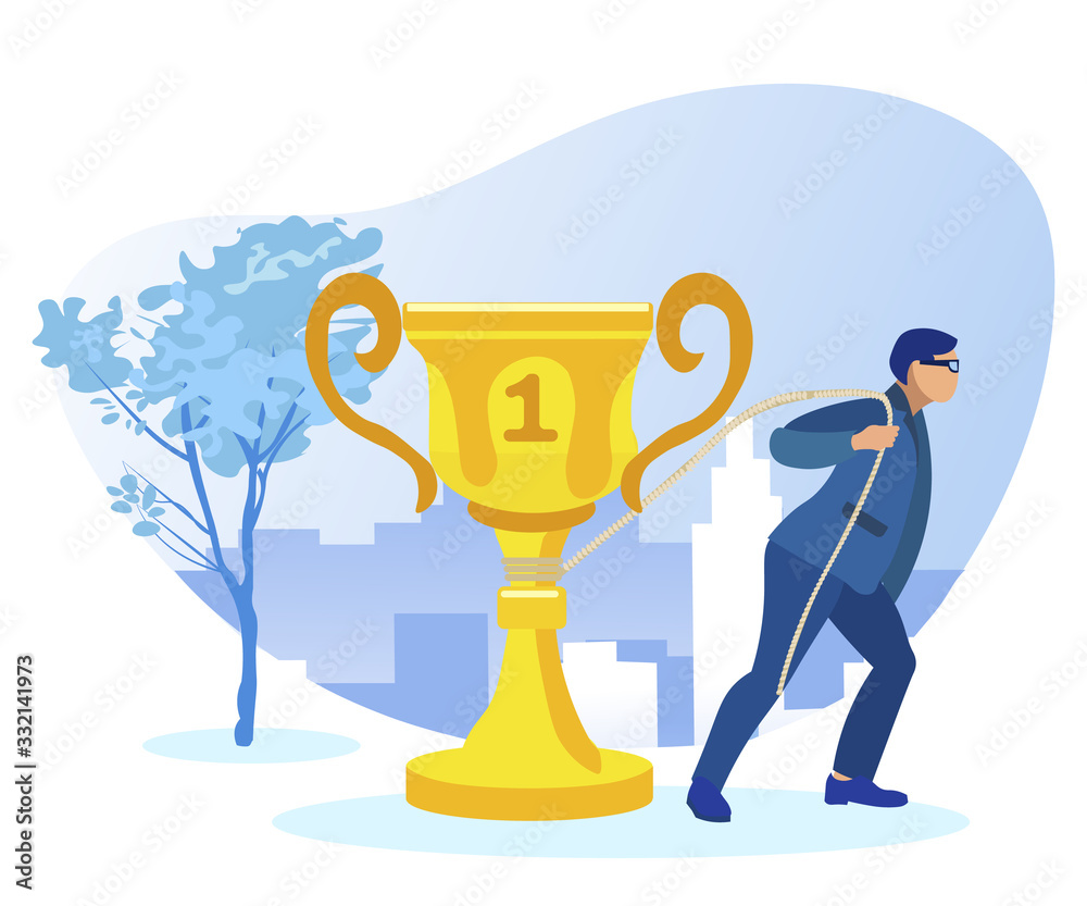 Man in Blue Business Suit and Glasses, Struggling for Success, Dragging Huge Golden Champion Cup like Cart Horse, Against Cityscape Background with Business Quarter, Office Buildings and Skyscrapers Man in Blue Business Suit and Glasses, Struggling for Success, Dragging Huge Golden Champion Cup like Cart Horse, Against Cityscape Background with Business Quarter, Office Buildings and Skyscrapers