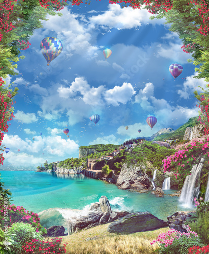 Italian coast with balloons, waterfalls and red flowers. Digital collage , mural and fresco. Wallpaper. Poster design. Modular panno.