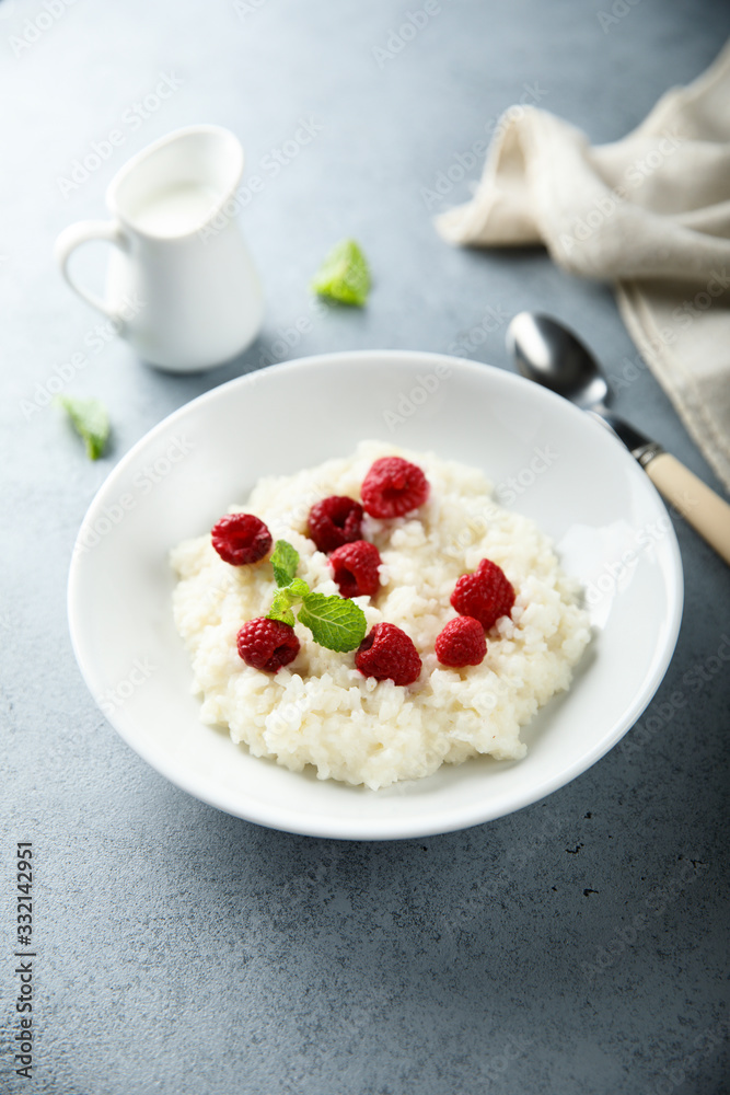 Homemade rice pudding with fresh raspberry Homemade rice pudding with fresh raspberry