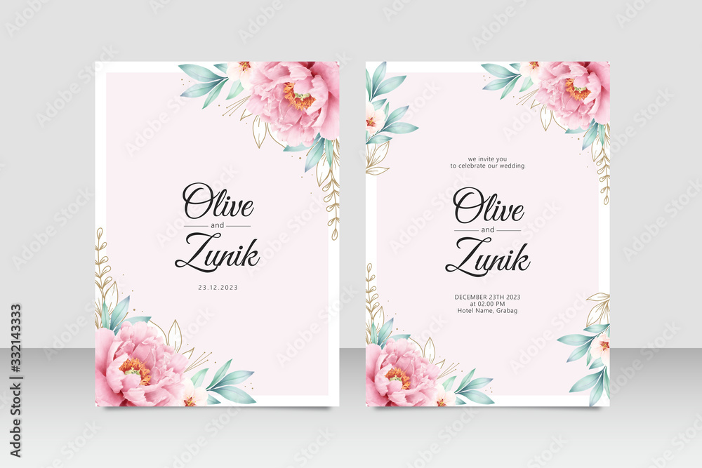 Beautiful watercolor and hand drawn floral on wedding invitation template