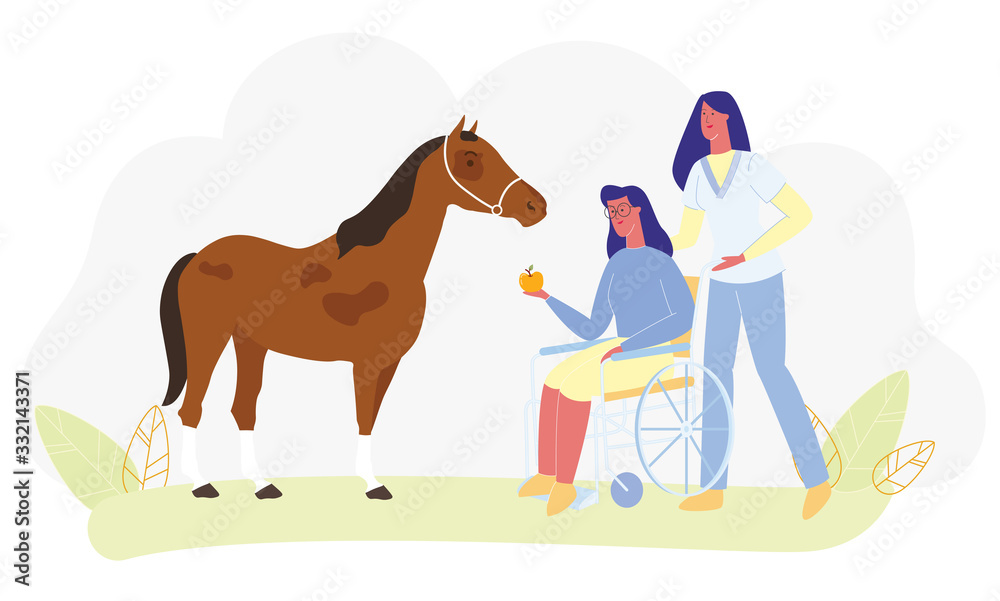 Fototapeta premium Cartoon Woman Sit in Wheelchair, Feed Horse, Medical Nurse Assist Vector Illustration. Animal Farm Rehab, Rehabilitation Center, Physically Disabled Treatment, Handicapped Person Support