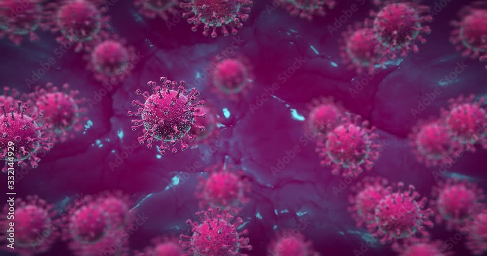 Zoom to rotating coronavirus elements in violet biologic space. Virology and health care 4k video.