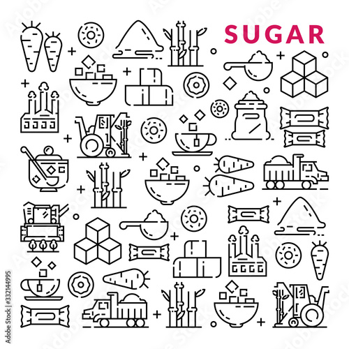Sugar production, growing and processing. Linear icons