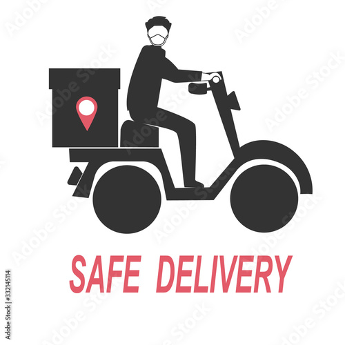 Safe contactless delivery. Delivery man riding moped scooter wearing face medecine mask for flu outbreak and coronaviruses pandemic. Can used for banner, website design, landing web page, social media