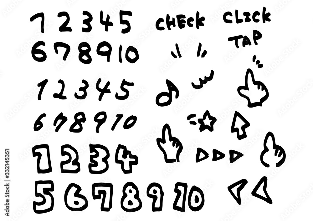 手描き　数字とクリック　タップ　クリック　カーソルと指セット