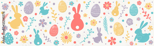 Easter composition with cartoon bunnies, eggs and flowers. Banner. Vector