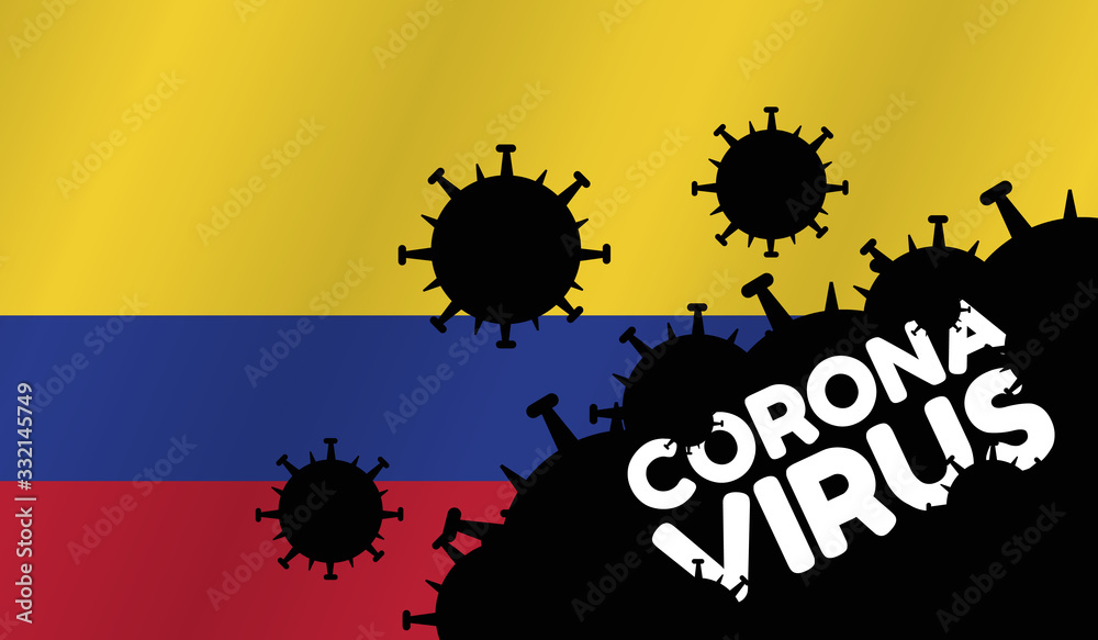 Coronavirus in Colombia. Flag of Colombia, words Corona Virus and virus silhouette