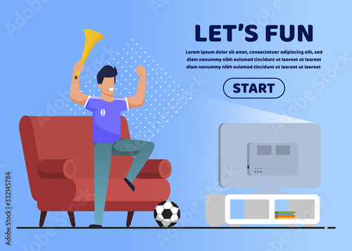 Informative Poster is Written Lets Fun Cartoon. Banner Home Planning for Week. Flyer Guy Stands at Home Near Tv and Actively Supports Football Team. Vector Illustration Landing Page.