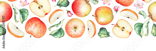 Seamless pattern with watercolor red apples, leaves and flowers