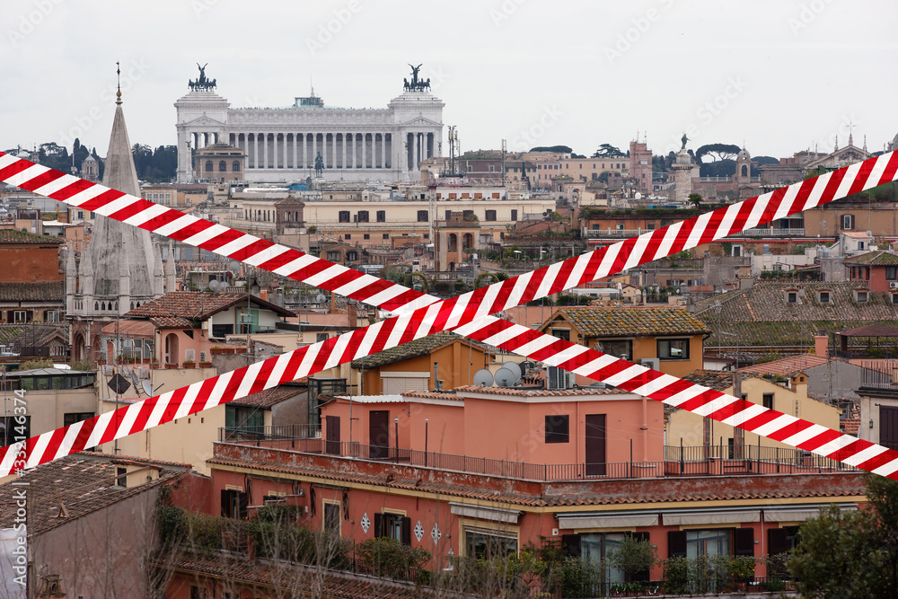 Ban on visiting European countries due to epidemic. Ban on travel abroad to other countries. Panorama of Roofs of Rome, top view