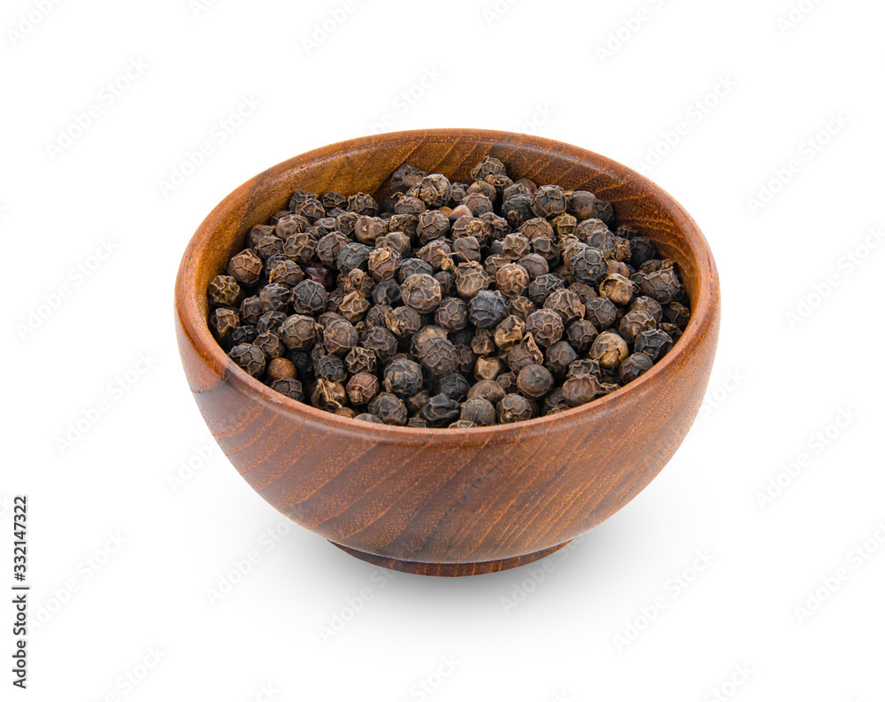 peppercorns in wooden bowl isolated on white background peppercorns in wooden bowl isolated on white background
