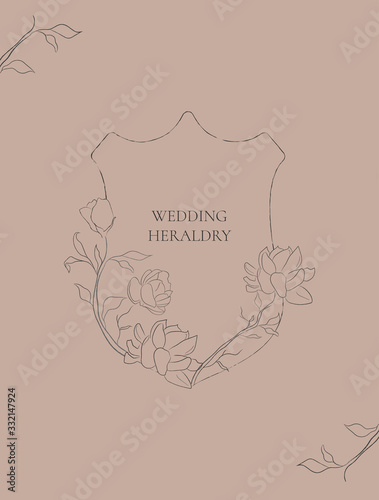 line drawing vector Floral heraldry with hand drawn Jasmine Flowers, plants, branches, herbs. Botanical illustration. Leaf logo. Wedding invitation