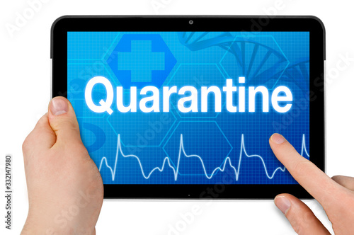 Tablet with medical touchscreen and quarantine on white background