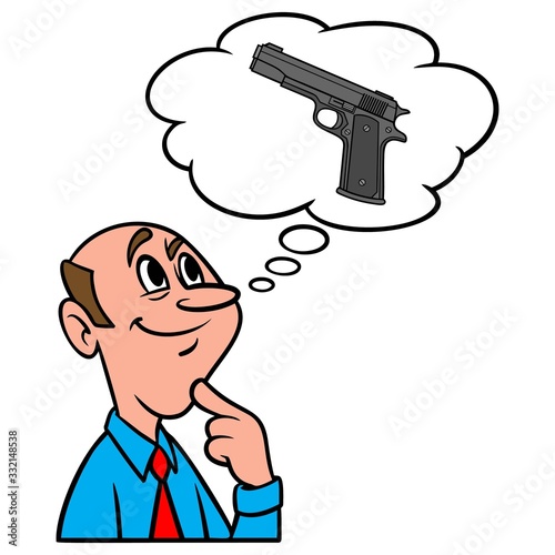 Thinking about a Handgun - A cartoon illustration of a man thinking about buying a Handgun.