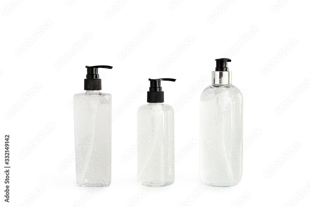 Bottle of hand sanitizer gel to wash hands for flu virus prevention, alcohol hand gel isolated on white background