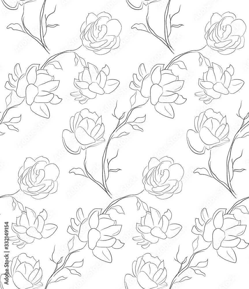 Hand Drawn Line Drawing Doodle Floral Seamless Pattern with Jasmine Flowers, Leaves, Branches. Vector Illustration. Branding. Swatch Hand Drawn Line Drawing Doodle Floral Seamless Pattern with Jasmine Flowers, Leaves, Branches. Vector Illustration. Branding. Swatch