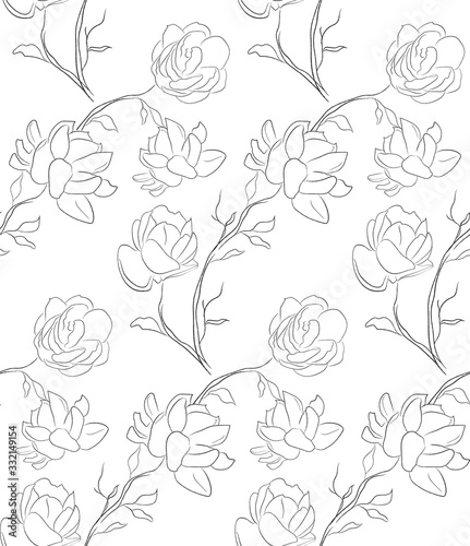 Hand Drawn Line Drawing Doodle Floral Seamless Pattern with Jasmine Flowers, ...